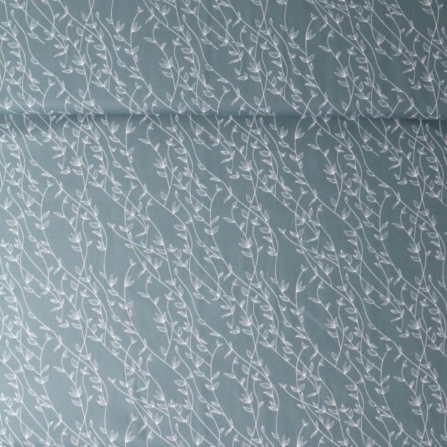 Tissu Popeline de Coton  feuilles Alexia sur fond Bleu acier