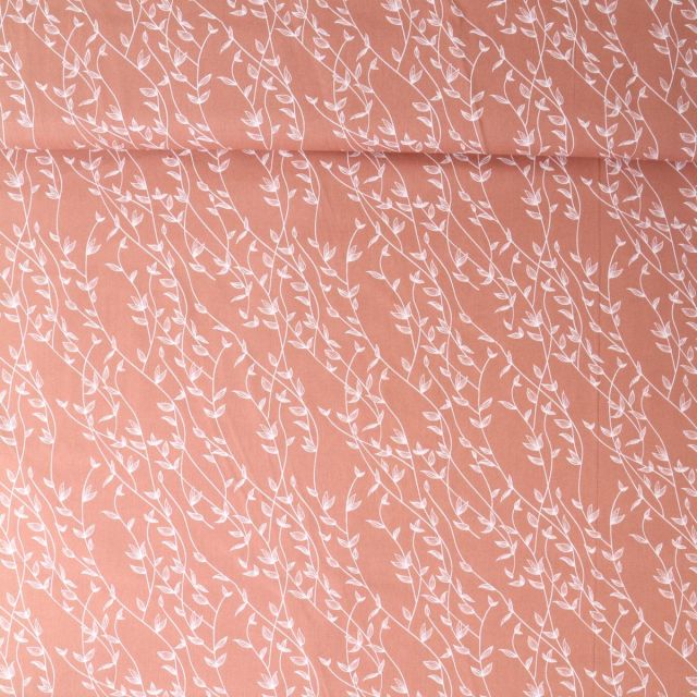 Tissu Popeline de Coton  feuilles Alexia sur fond Terracotta