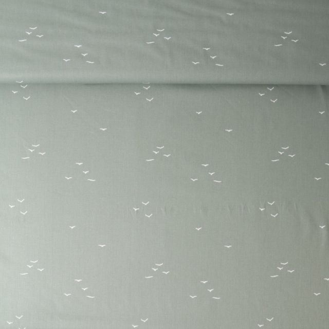 Tissu Popeline de Coton  oiseaux Léanne sur fond Vert kaki clair