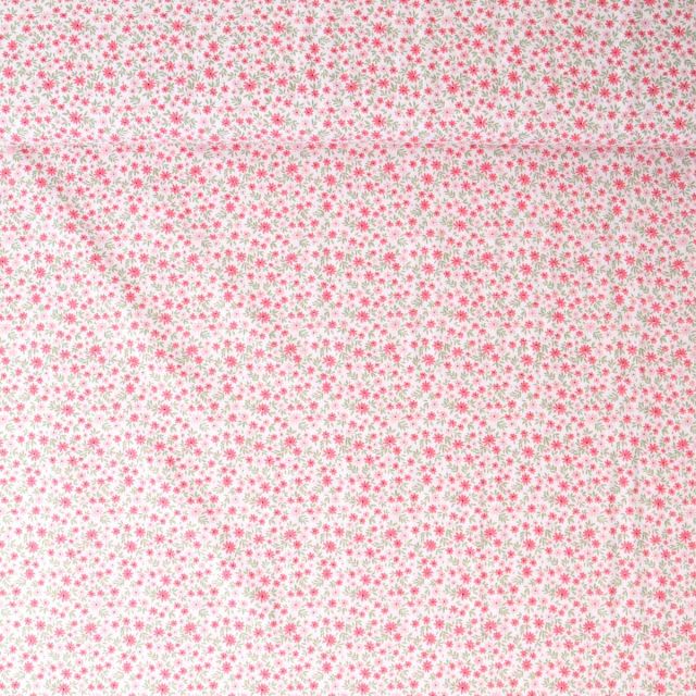 Tissu Popeline de Coton  fleurs Gwen Roses sur fond Blanc