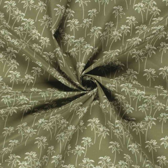 Tissu Short de bain déperlant recyclé Palmiers sur fond Vert olive