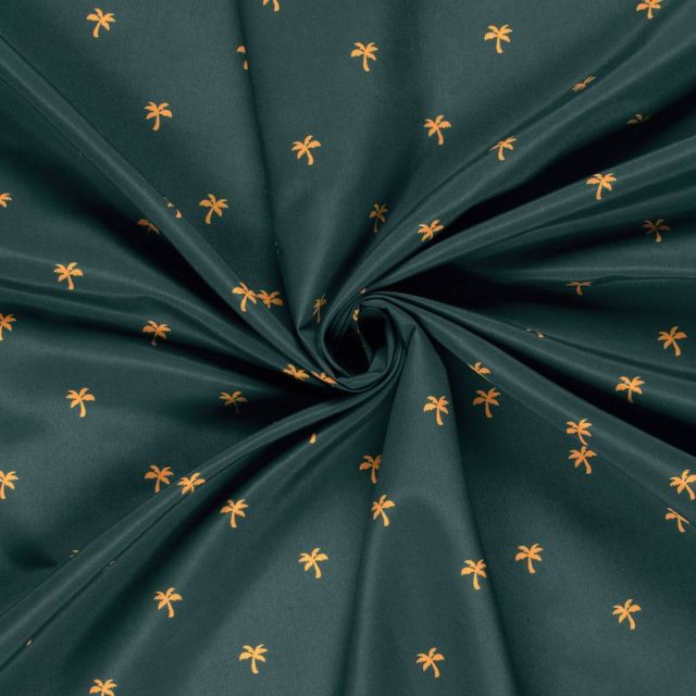 Tissu short de bain déperlant palmiers Djero sur fond Vert sapin - Par 10 cm