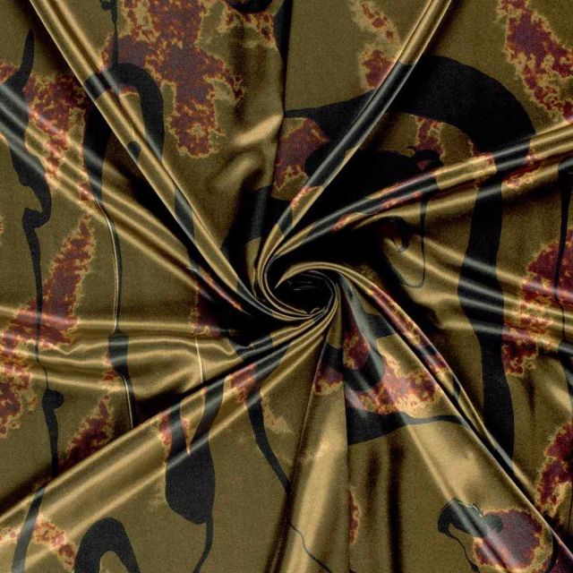 Tissu Satin imprimé Zeyna camouflage artistique Noir sur fond Vert kaki clair
