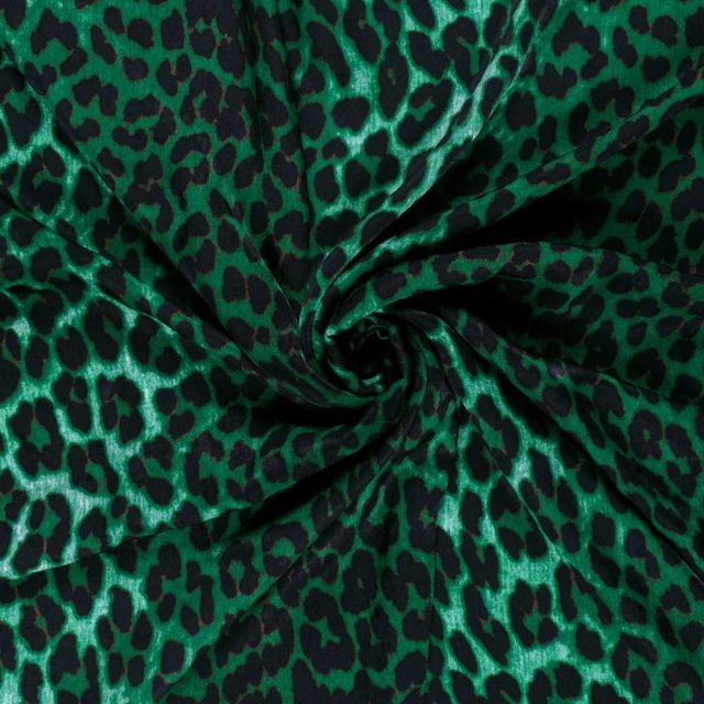 Tissu Satin Velvet Esmera léopard Noir sur fond Vert émeraude