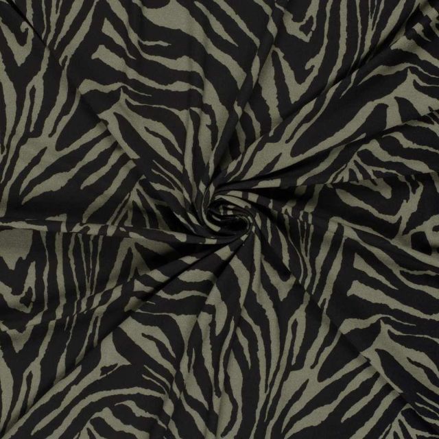 Tissu Viscose stretch Zahara rayures Vert kaki sur fond Noir