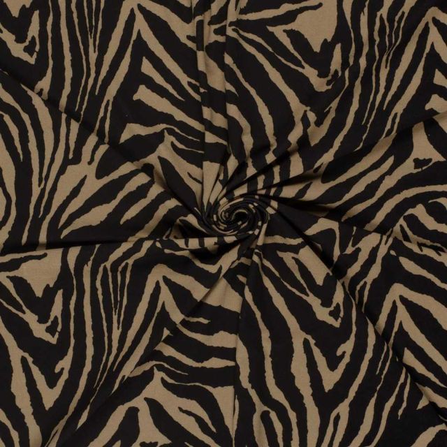 Tissu Viscose stretch Zahara rayures Camel sur fond Noir