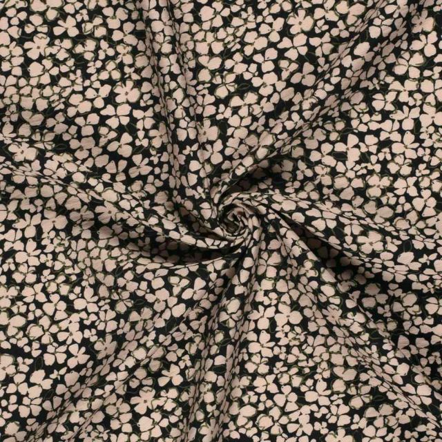 Tissu Crêpe de Viscose Ambrine fleurs Beige sur fond Noir