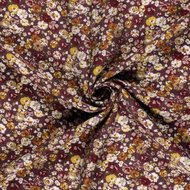 Tissu Crêpe de Viscose Bérengère fleurs Blanches sur fond Aubergine