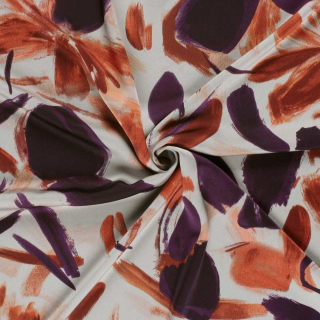 Tissu Satin Duchesse Domitille fleurs Violettes sur fond Blanc