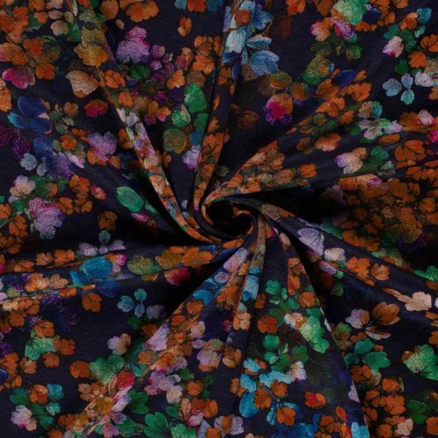 Tissu Jersey Viscose Ambrosia fleurs Orange cuivré sur fond Bleu marine