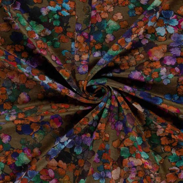 Tissu Jersey Viscose Ambrosia fleurs Orange cuivré sur fond Bronze