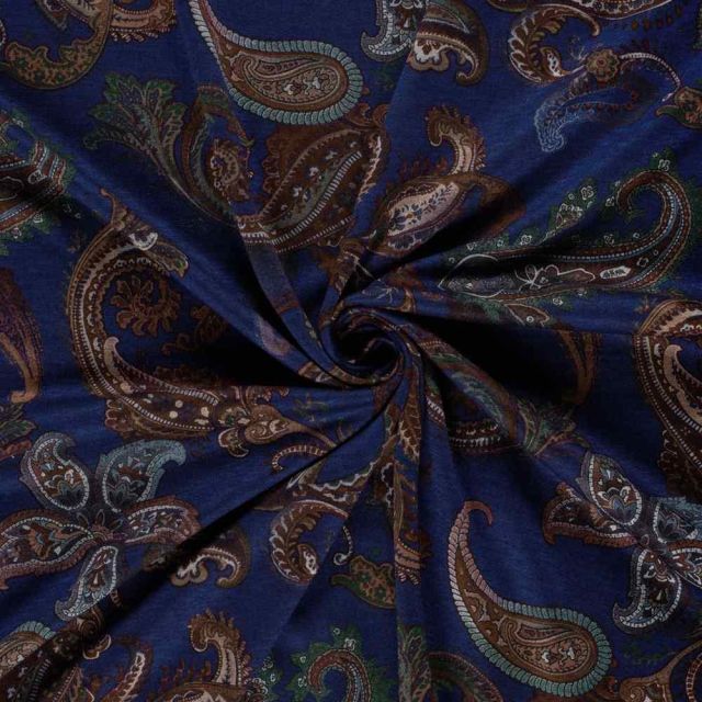 Tissu Jersey Viscose Aliénor motif paisley Marron sur fond Bleu marine