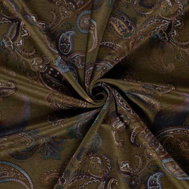 Tissu Jersey Viscose Aliénor motif paisley Marron sur fond Vert olive