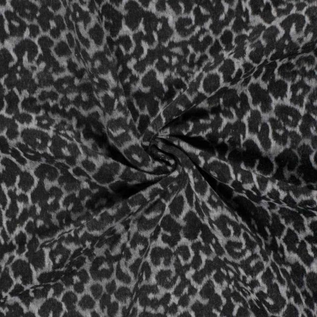 Tissu Jacquard toucher laine Éris léopard Noir sur fond Gris clair