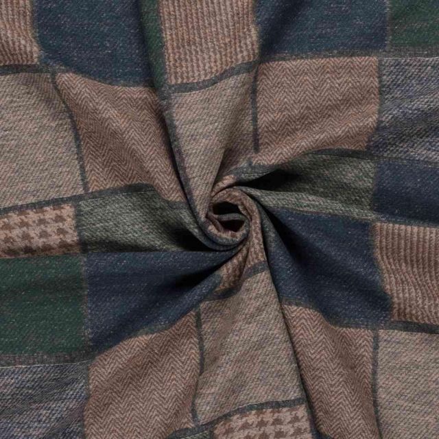 Tissu Jacquard  Motifs Patchwork sur fond Vert foncé