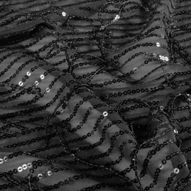 Tissu Mousseline Sequins Ondea extensible motifs franges Noirs sur fond Noir