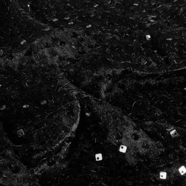 Tissu Velours Sequins Astra extensible sequins Argentés sur fond Noir