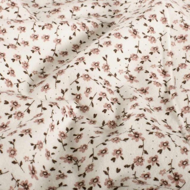 Tissu Flanelle de Coton Elisa fleurs Roses sur fond Beige