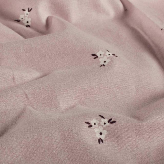Tissu Flanelle de Coton Lina bouquets floraux Blanc sur fond Rose poudré
