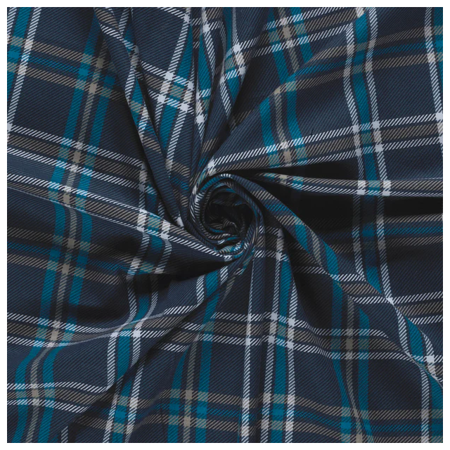 Tissu Flanelle de Coton Maxence carreaux bleus turquoise sur fond Bleu marine