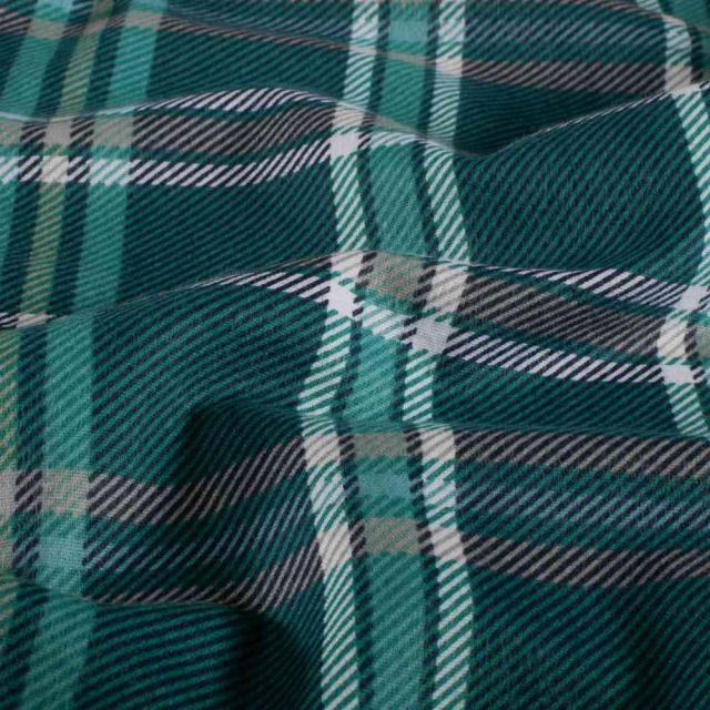 Tissu Flanelle de Coton Maxence carreaux Blancs sur fond Vert émeraude