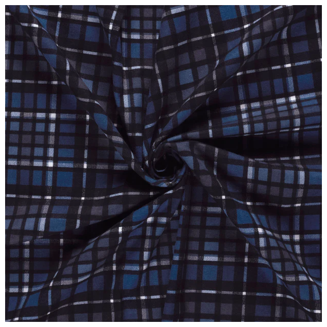 Tissu Flanelle de Coton Théo carreaux Noirs sur fond Bleu nuit
