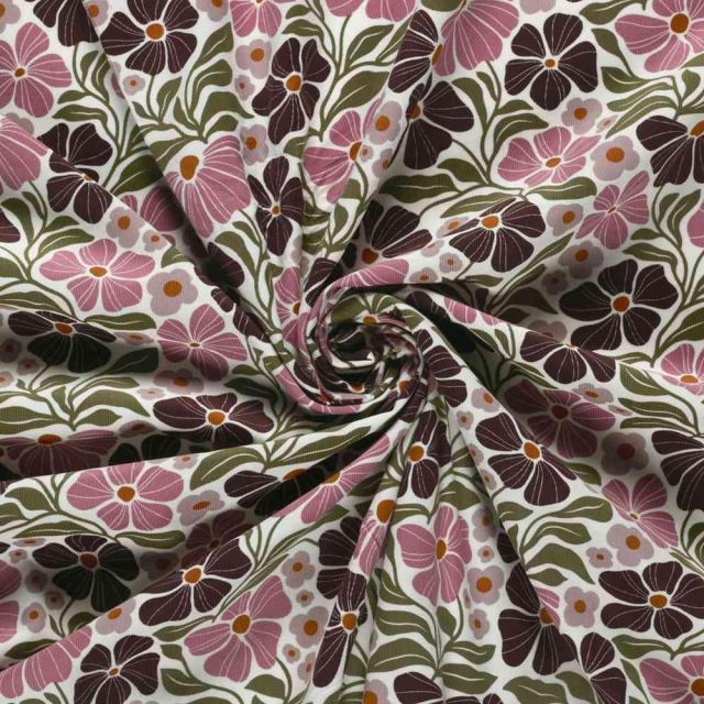 Tissu Jersey Coton Bord Côte Fleurs roses et olives sur fond Blanc cassé