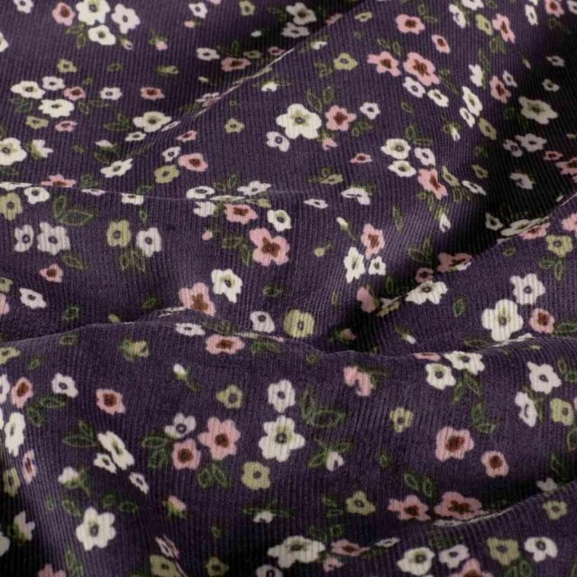 Tissu Velours milleraies Azalée petites fleurs Roses sur fond Aubergine