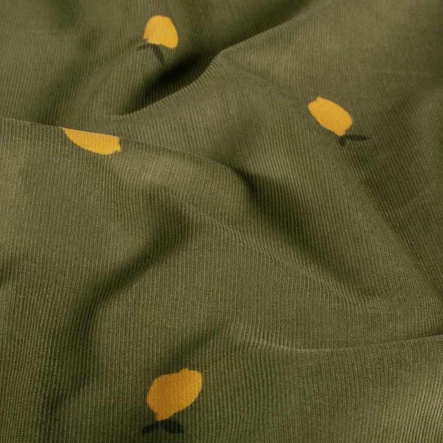 Tissu Velours milleraies Séna citrons Jaunes sur fond Vert kaki foncé