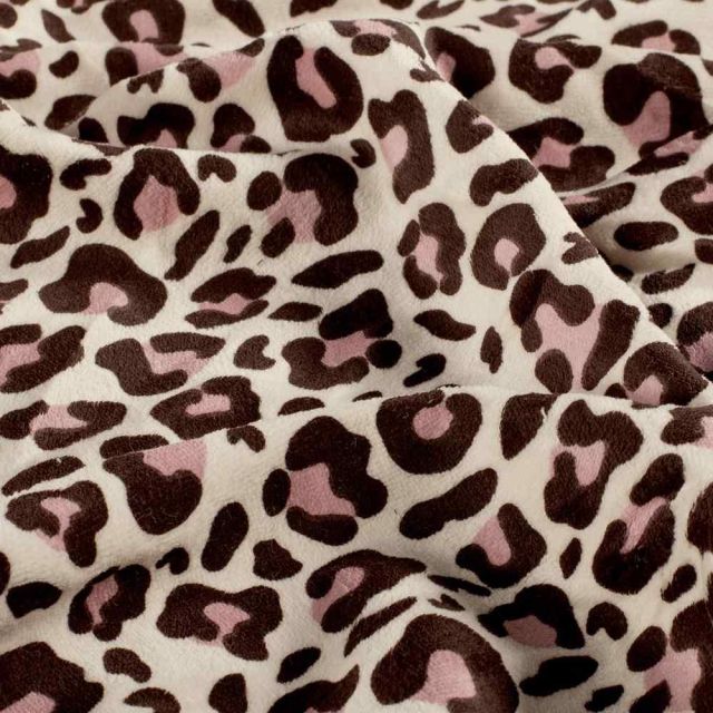 Tissu Jersey Velours tout doux Isara léopard Brun et Rose sur fond Beige