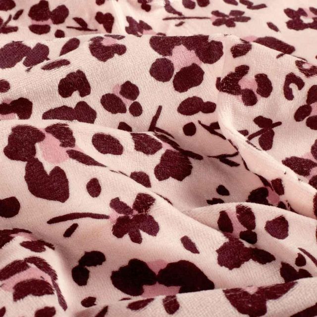 Tissu Jersey Velours tout doux Eloïse fleurs Bordeaux sur fond Rose bébé