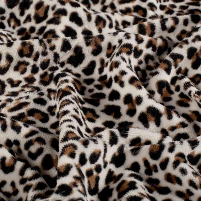 Tissu Velours tout doux Elina motif léopard Fauve sur fond Ecru
