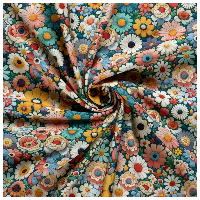 Tissu Softshell  Digital Colette fleurs retro Multicolores sur fond Bleu canard