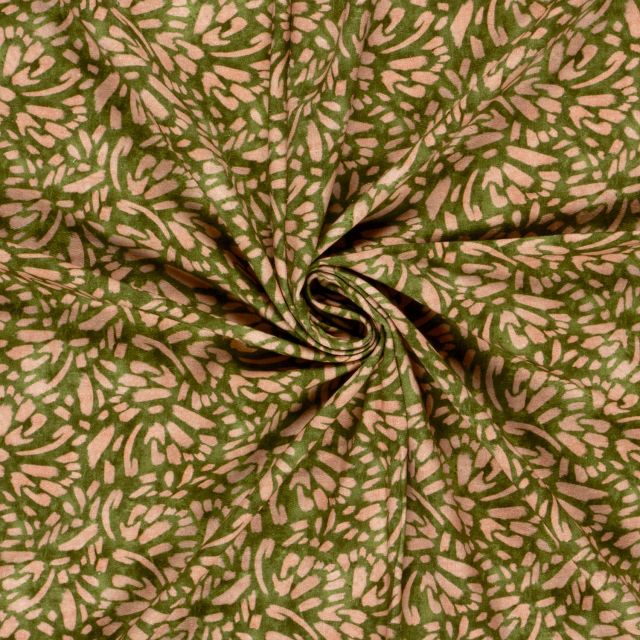 Tissu Sweat léger French Terry Margot extensible feuilles Kaki sur fond Ecru