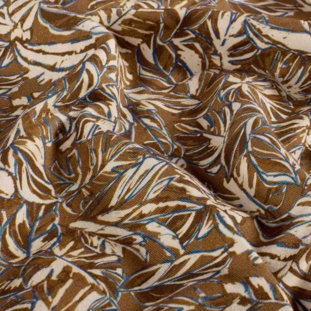 Tissu Sweat léger French Terry Marina extensible feuilles Ecru sur fond Marron