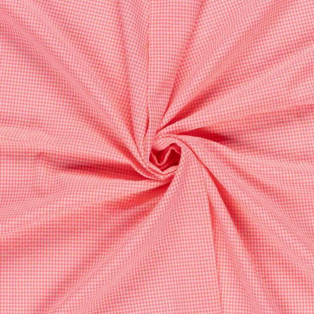 Tissu Seersucker Carreaux Nano Vichy sur fond Rose corail