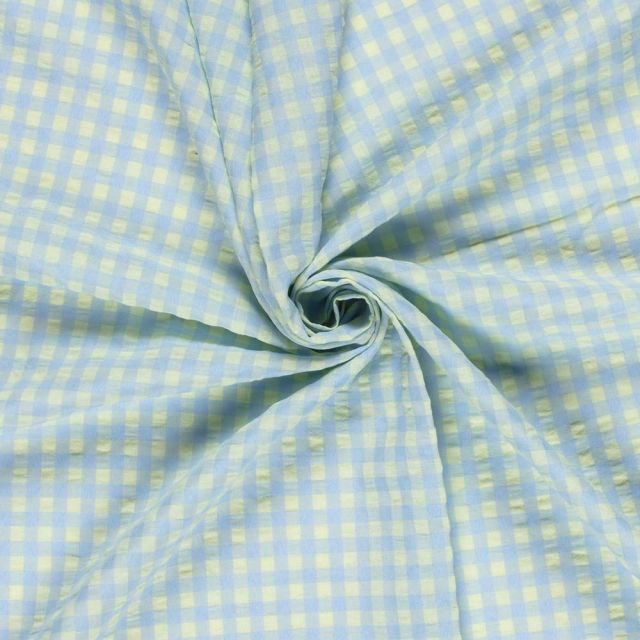 Tissu Coton Seersucker carreaux Vichy sur fond Bleu clair