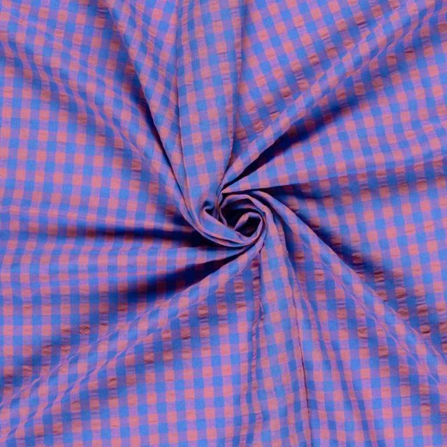 Tissu Seersucker Carreaux rose sur fond Violet