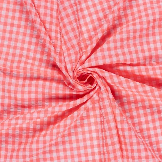 Tissu Seersucker Carreaux rose sur fond Corail