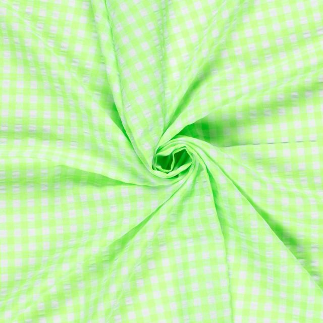 Tissu Coton Seersucker carreaux Vichy sur fond Vert fluo