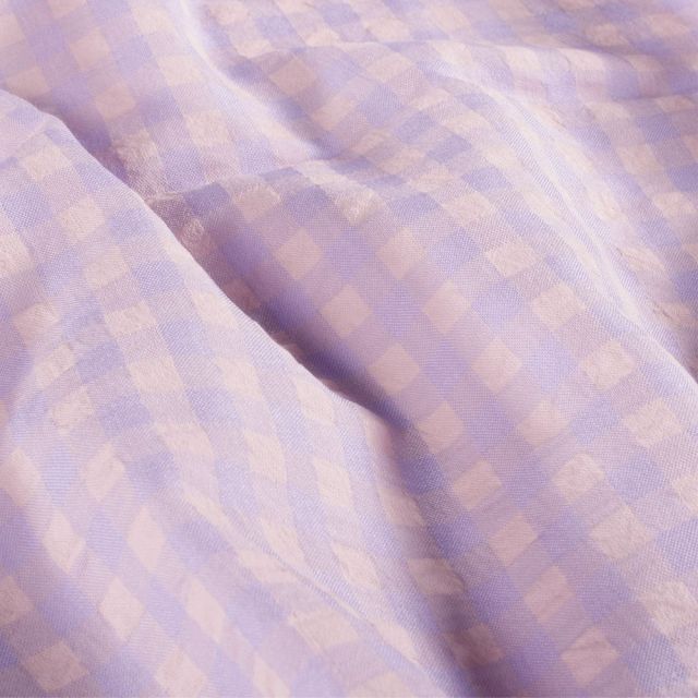 Tissu Coton Seersucker carreaux Vichy sur fond Lilas