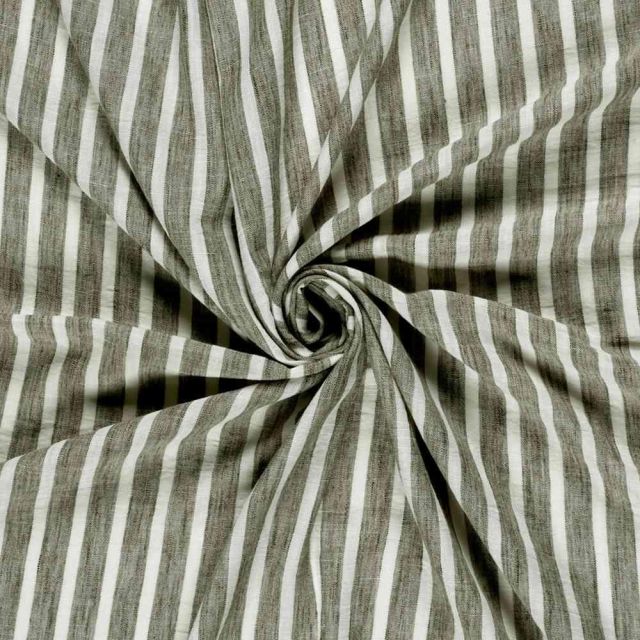 Tissu Polyester aspect Lin Rayures Anna sur fond Vert kaki