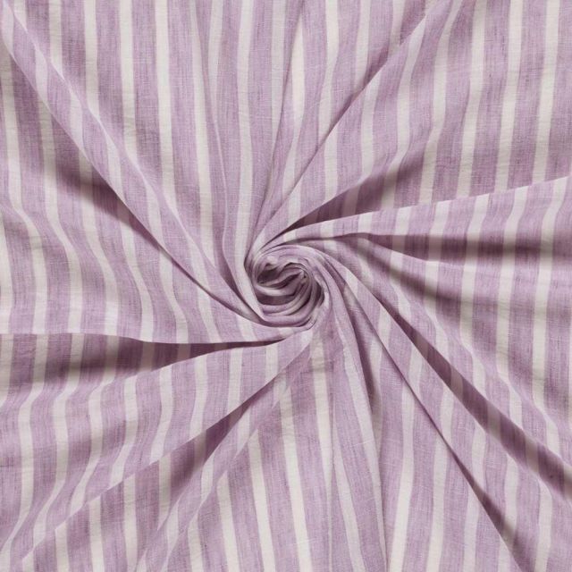 Tissu Polyester aspect Lin Rayures Anna sur fond Lilas