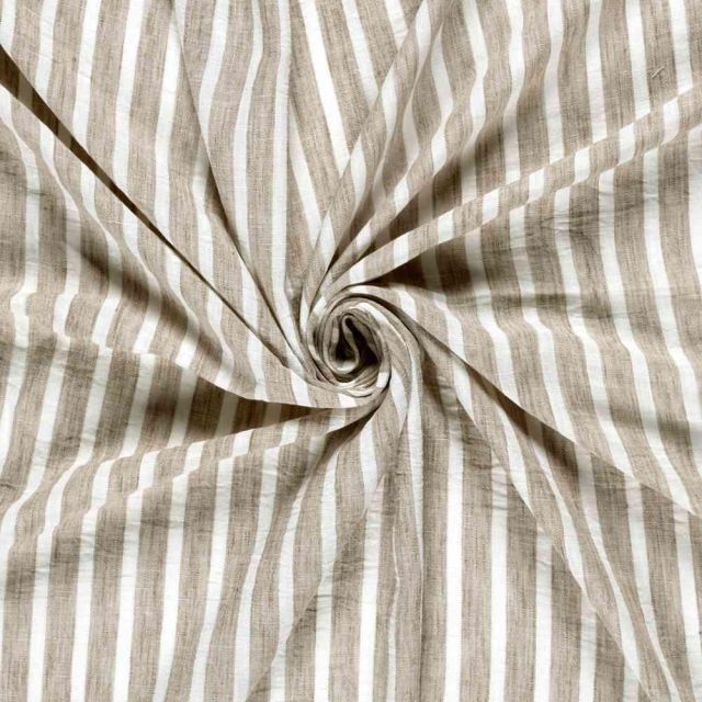 Tissu Polyester aspect Lin Rayures Anna sur fond Naturel