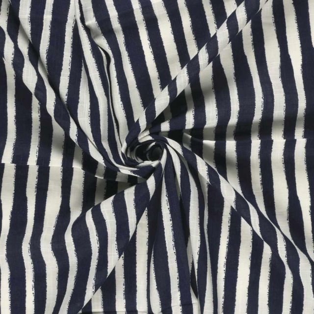 Tissu Coton Viscose aspect Lin rayures écru sur fond Bleu marine