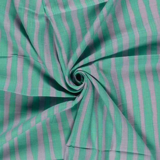 Tissu Viscose Coton aspect Lin rayures Vert Menthe sur fond Gris