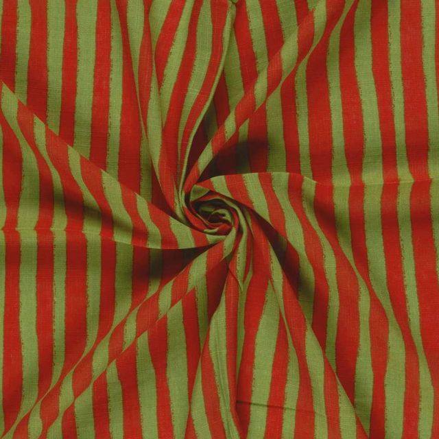 Tissu Viscose Coton aspect Lin rayures Terracota sur fond Vert olive