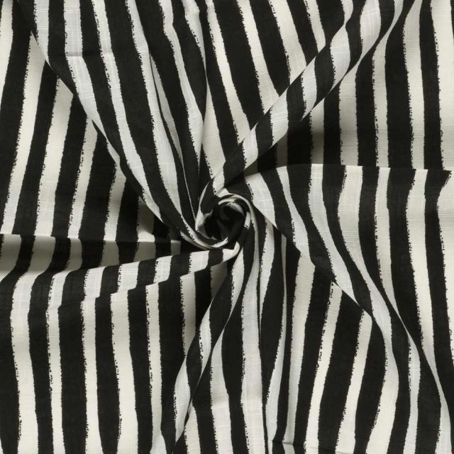 Tissu Viscose Coton aspect Lin rayures Noir sur fond Blanc cassé