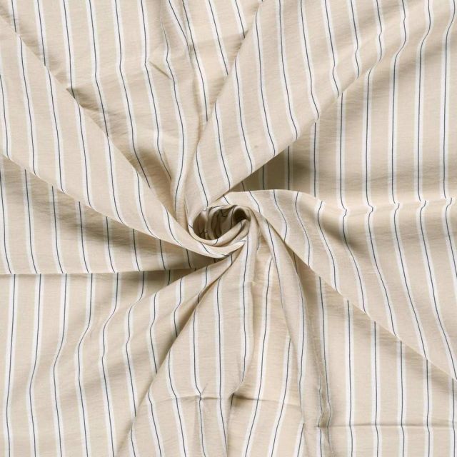 Tissu Crêpe de Viscose Basile fines rayures sur fond Beige