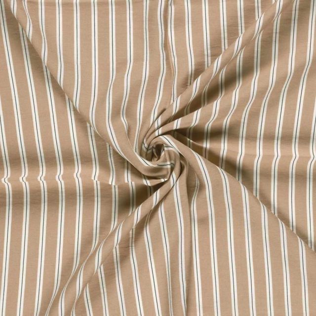 Tissu Crêpe de Viscose Basile fines rayures sur fond Beige sable